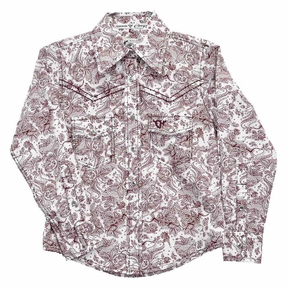 NEW COWGIRL HARDWARE girl's floral paisley long sleeve shirt in burgundy